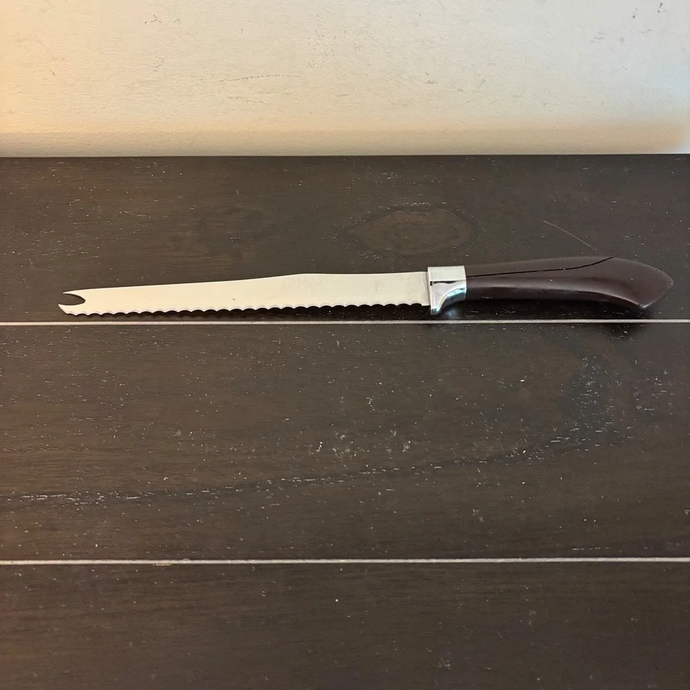 Vintage Ginsu Serrated Knife Stainless USA Dark Brown Handle Forked Tip 12 Inch